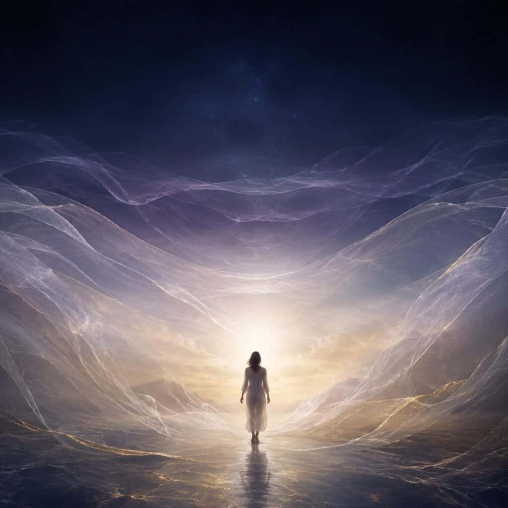 Woman moving through layers of light symbolising ascension and spiritual transformation