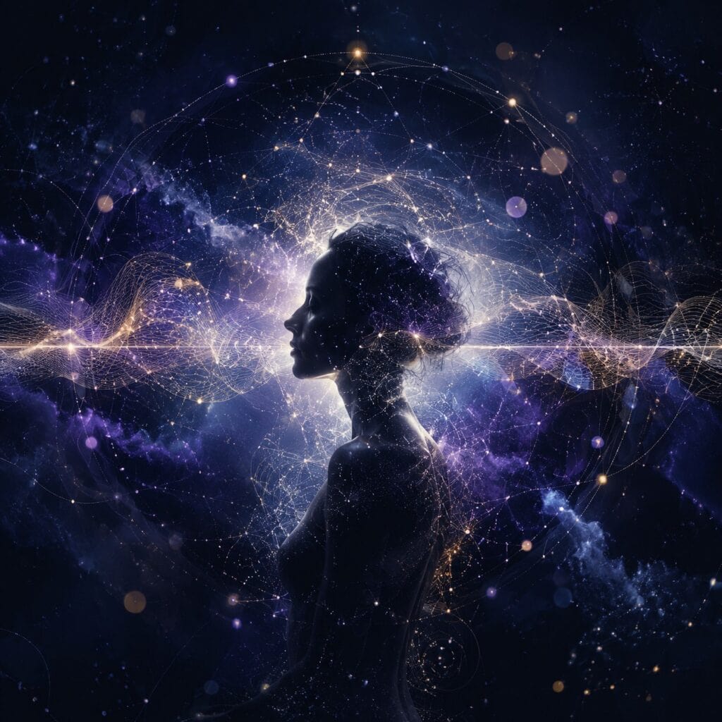 Human silhouette surrounded by interconnected particles and waves representing consciousness and quantum physics