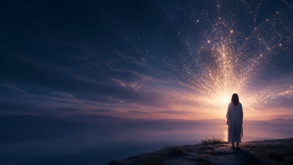 Woman observing an expanding point of light symbolising spiritual awakening and transformation