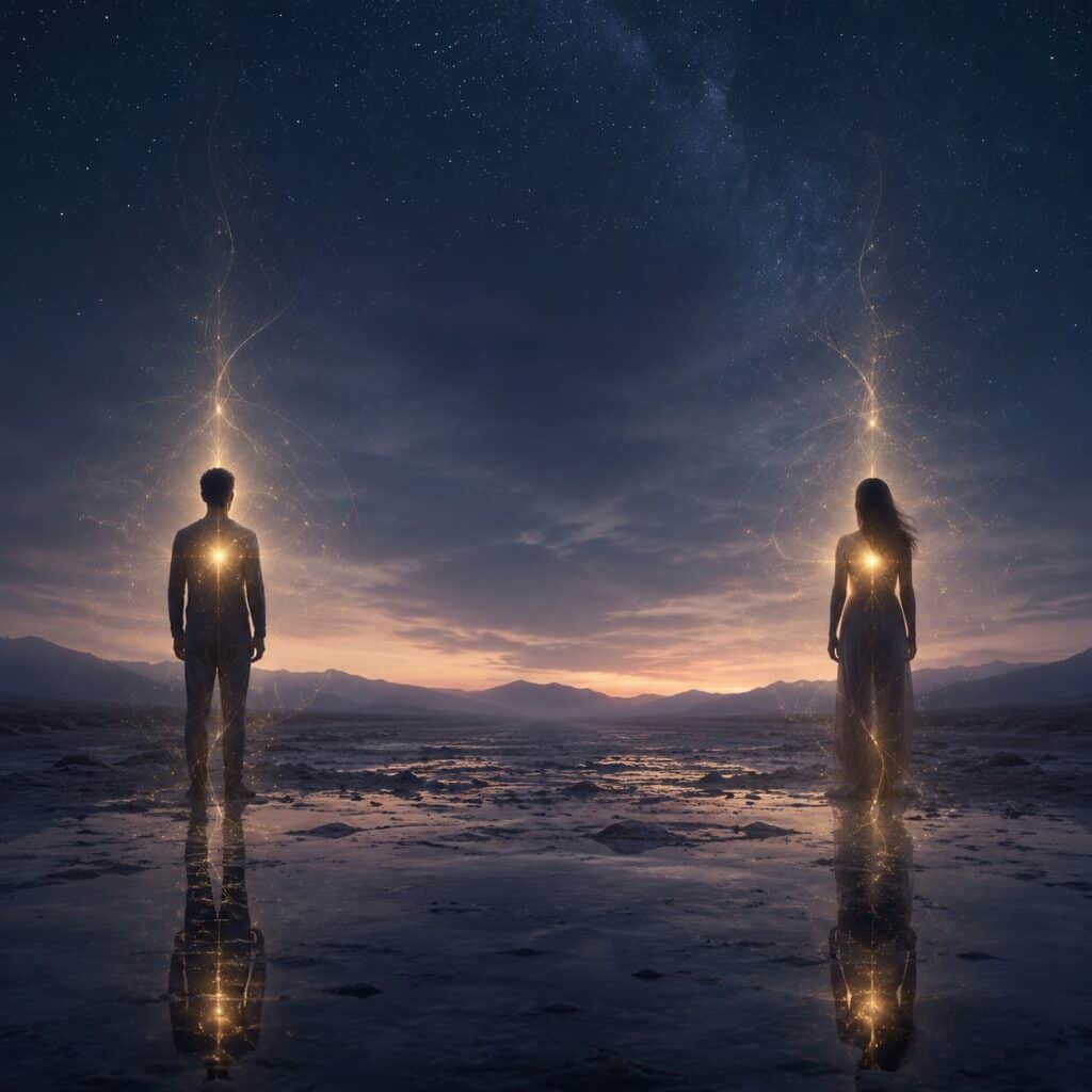 Two mirrored figures symbolising a twin flame spiritual connection